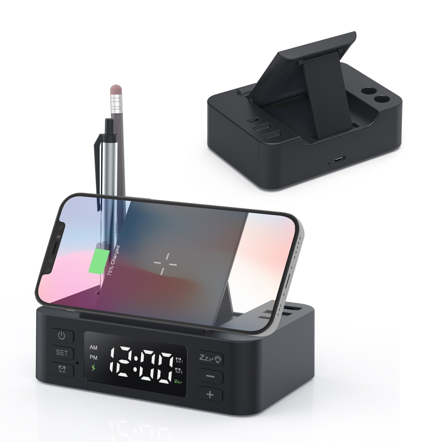 Multifunctional 15W Fast Wireless Charging Desk Organizer - Pen Holder & Digital Alarm Clock Phone Stand