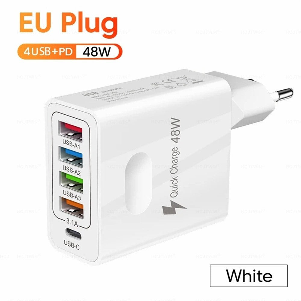 48W 5-in-1 Multi-Port Wall Charger - 4 USB & PD Fast Charging Adapter