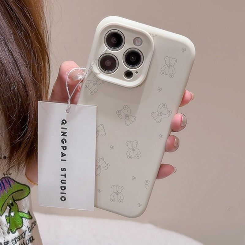 Cute Teddy Bear Pattern Liquid Silicone Phone Case for iPhone 16 15 14 Pro Max - Soft Lens Protection Cover