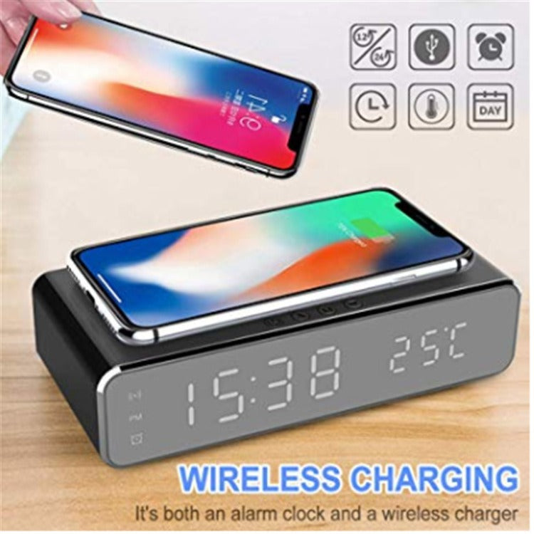 Qi Wireless Charging Pad & Digital Alarm Clock - Bedside Desk Clock with Thermometer