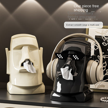 Creative Easter Island Statue Tissue Box - Multifunctional Living Room and Desk Headphone Stand Holder