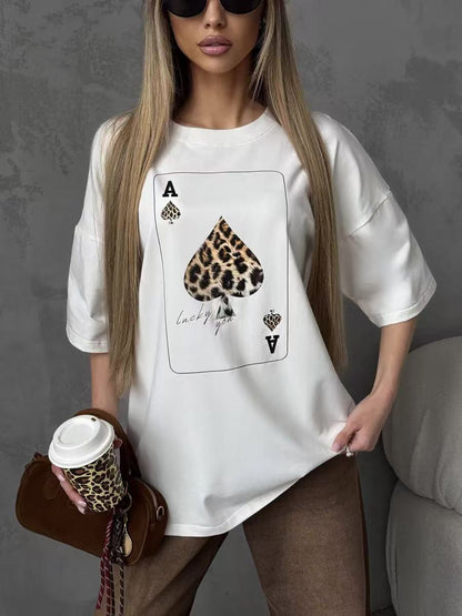 Trendy Loose Round Neck Card Graphic Tee for Women