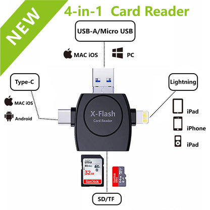 4-in-1 Universal OTG SD/TF Card Reader - USB, Type-C, Lightning & Micro USB Adapter for iPhone, Android & PC