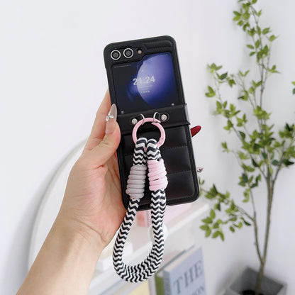 Korean Style Quilted Leather Case with Braided Hand Strap for Samsung Galaxy Z Flip 6 5 4 3 - Stylish Foldable Cover