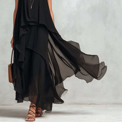 Elegant Layered Loose Black Chiffon Dress - Casual Summer Holiday Long Dress