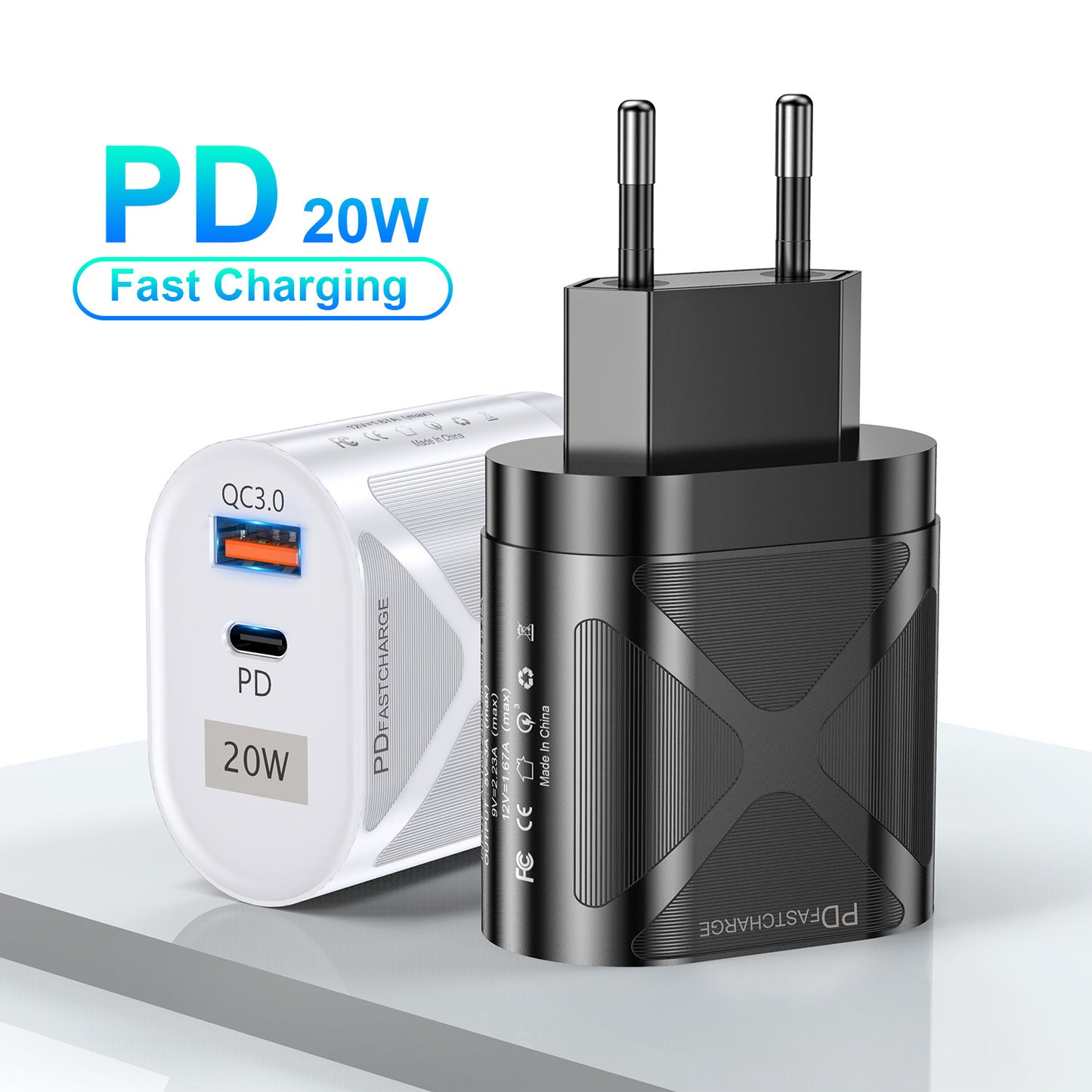 20W PD & QC3.0 Dual-Port Fast Wall Charger - LED Luminous Mobile Phone Charging Head