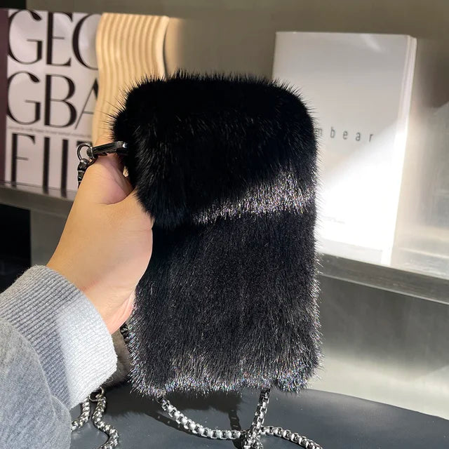 Luxury Real Mink Fur Crossbody Phone Bag for Women - Plush Winter Shoulder Messenger Pouch