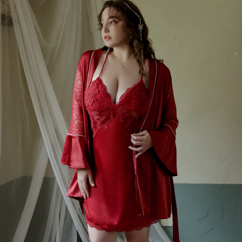 Elegant Lace Trim Suspender Nightdress - Curvy Women's Imitation Silk Pajama Dress