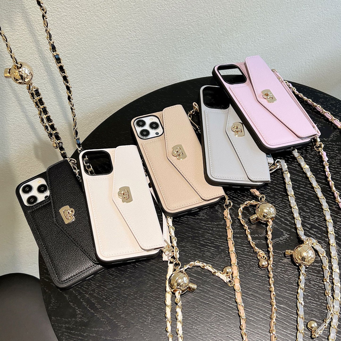 Wallet Card Holder Phone Case with Strap - Luxury Crossbody Chain Cover for iPhone