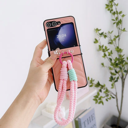 Korean Style Quilted Leather Case with Braided Hand Strap for Samsung Galaxy Z Flip 6 5 4 3 - Stylish Foldable Cover