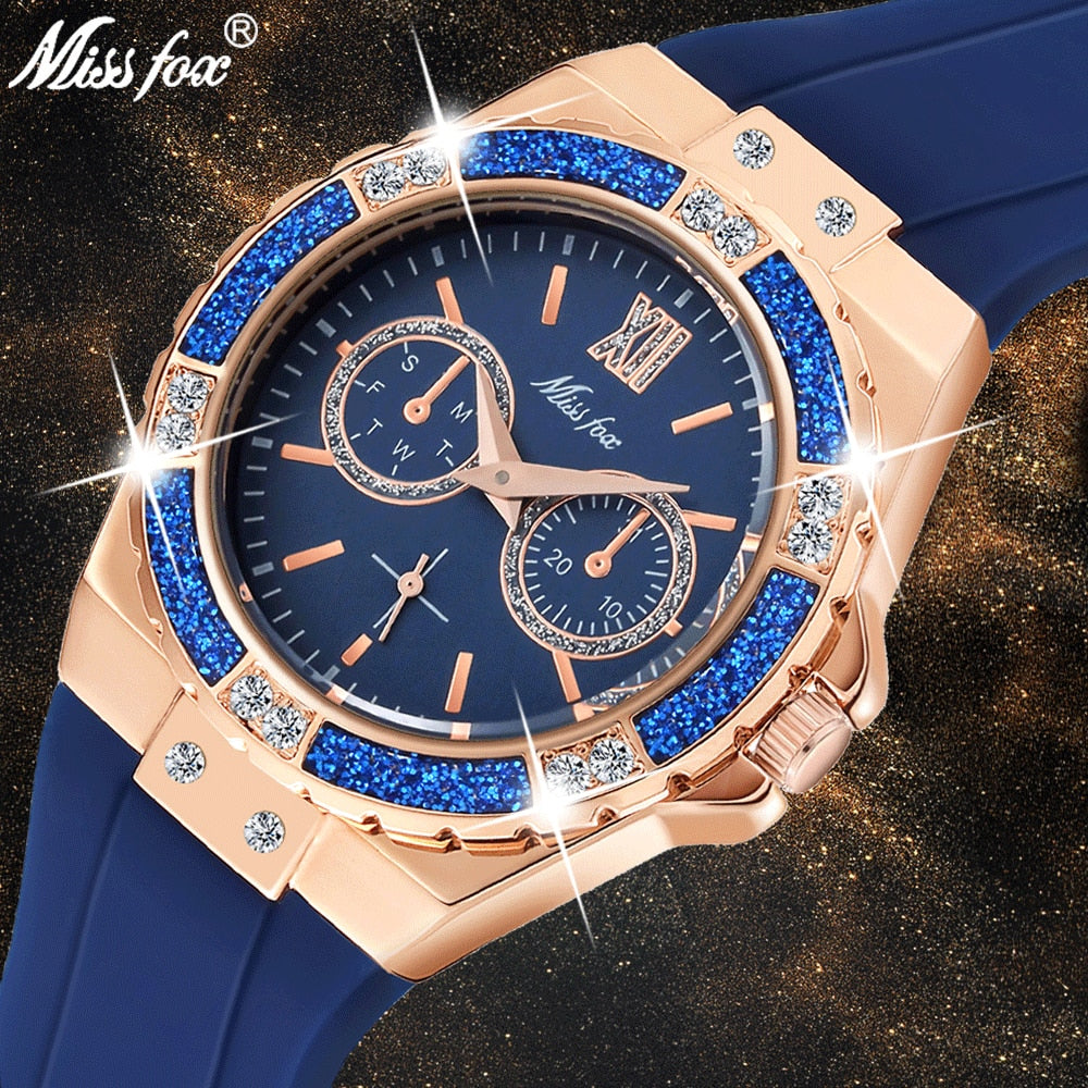 Elegant Ladies Diamond Quartz Wristwatch with Blue Rubber Band