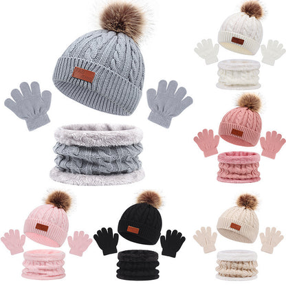 Toddler Autumn Winter Warm Beanie Set with Faux Fur Pom Pom