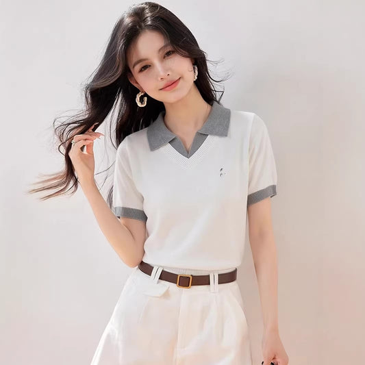 White Polo Neck False Two-Piece Short Sleeve Knit Top for Women