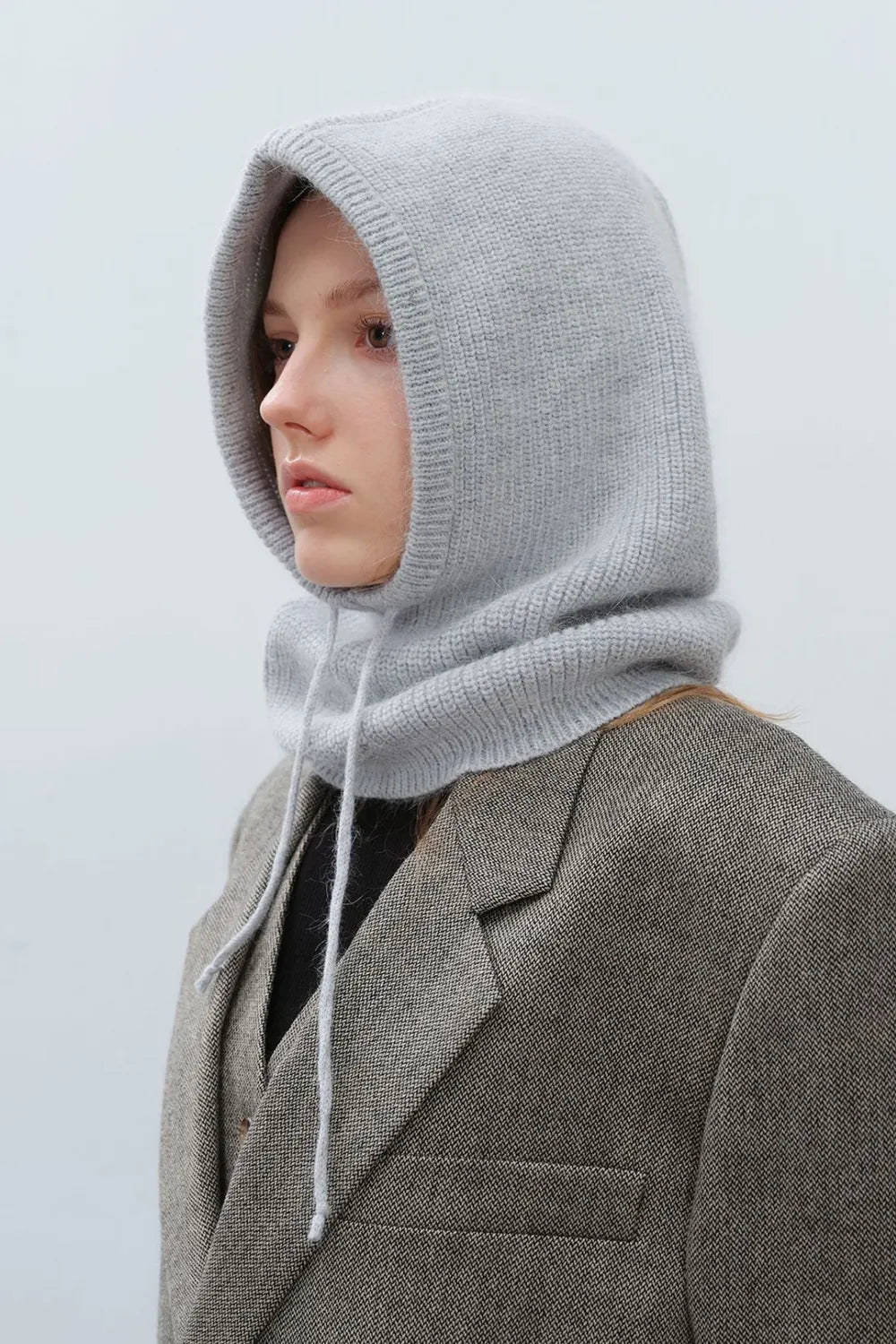 Drawstring Solid Thermal Knit Balaclava Hood | Winter Neck Warmer Hat