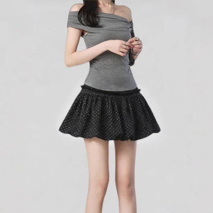 Women's Petite-Friendly Black Lace Trim Polka Dot Mini Skirt