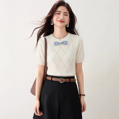 Elegant Bow Tie Knitwear - Regular Shoulder Fitted Top for Women