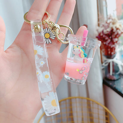 Creative Liquid Floating Unicorn Keychain - Glitter Quicksand Milk Tea Cup Bag Charm