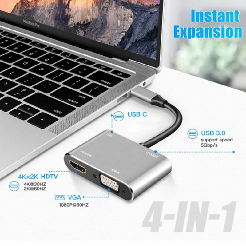 4-in-1 USB C Hub - Type-C Adapter with 4K HDMI, VGA, USB 3.0 & PD Fast Charge for MacBook and Laptops