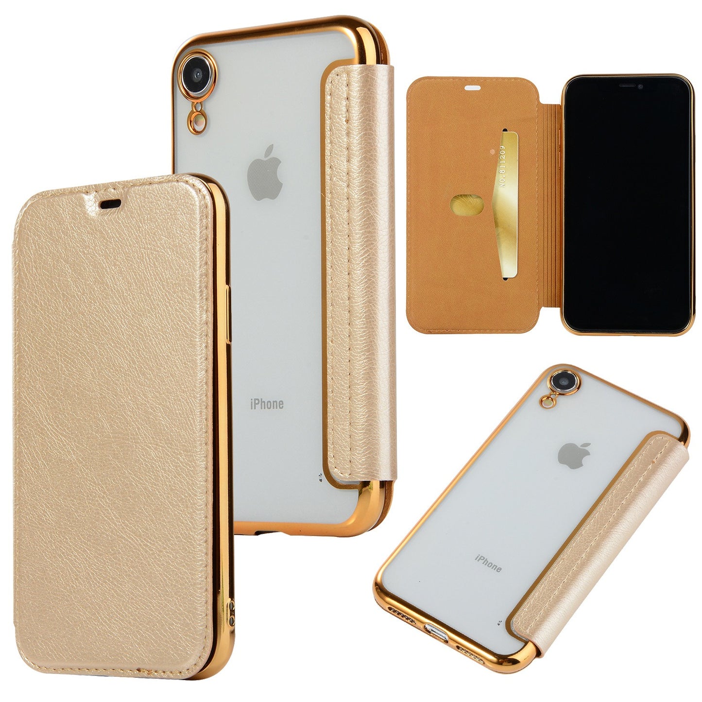 Luxury Electroplated Clear Back Flip Leather Wallet Case for iPhone 15 14 13 12 - Ultra-Slim Card Holder Cover