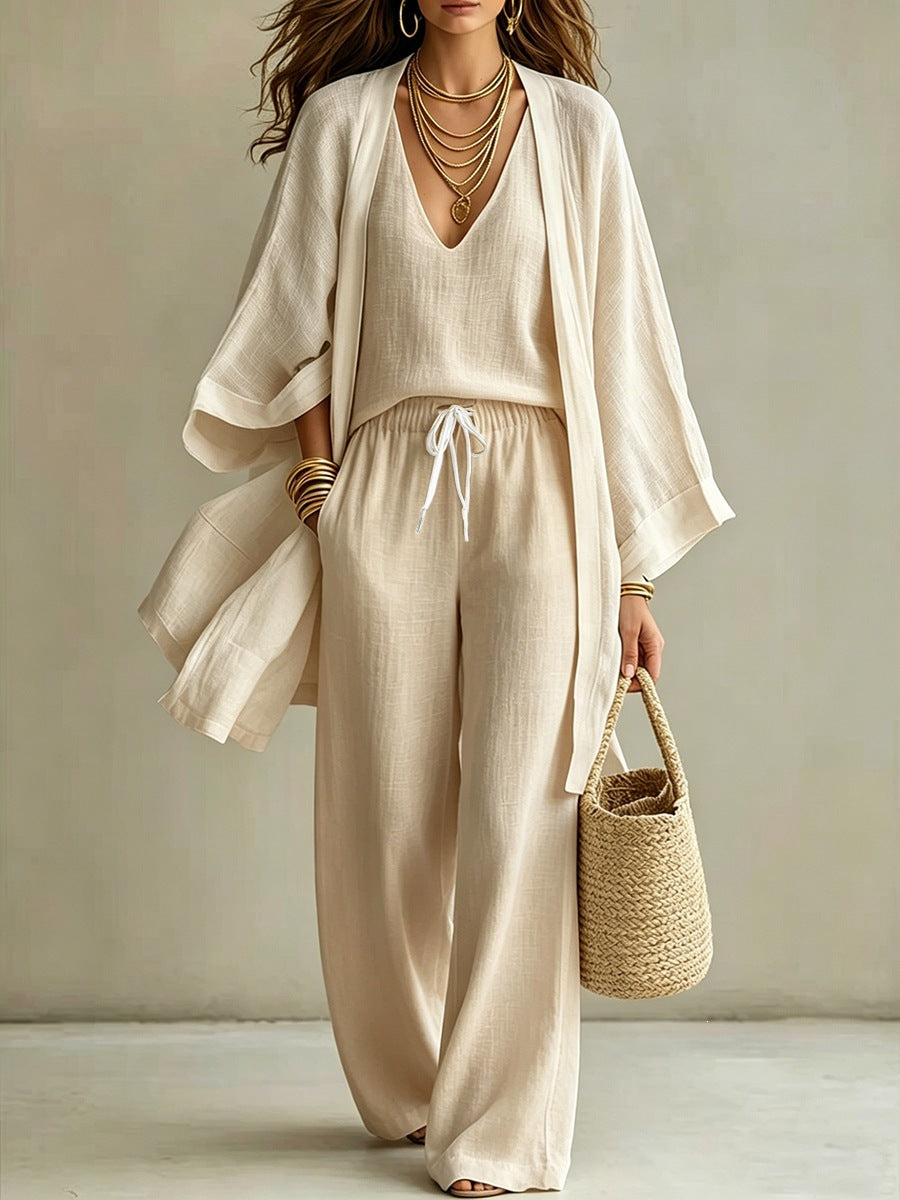 Elegant Linen Look 3-Piece Matching Set - Flowing Open Front Shrug with Wide Leg Pants