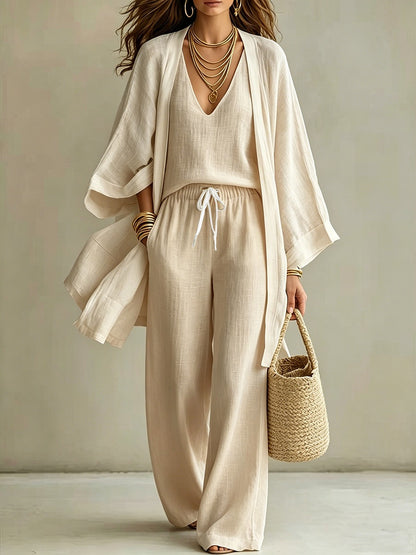 Elegant Linen Look 3-Piece Matching Set - Flowing Open Front Shrug with Wide Leg Pants