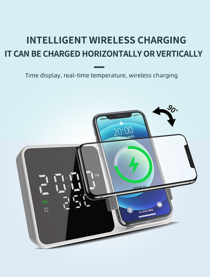 15W Fast Wireless Charger & Mobile Phone Stand - Digital Alarm Clock with Temperature Gauge