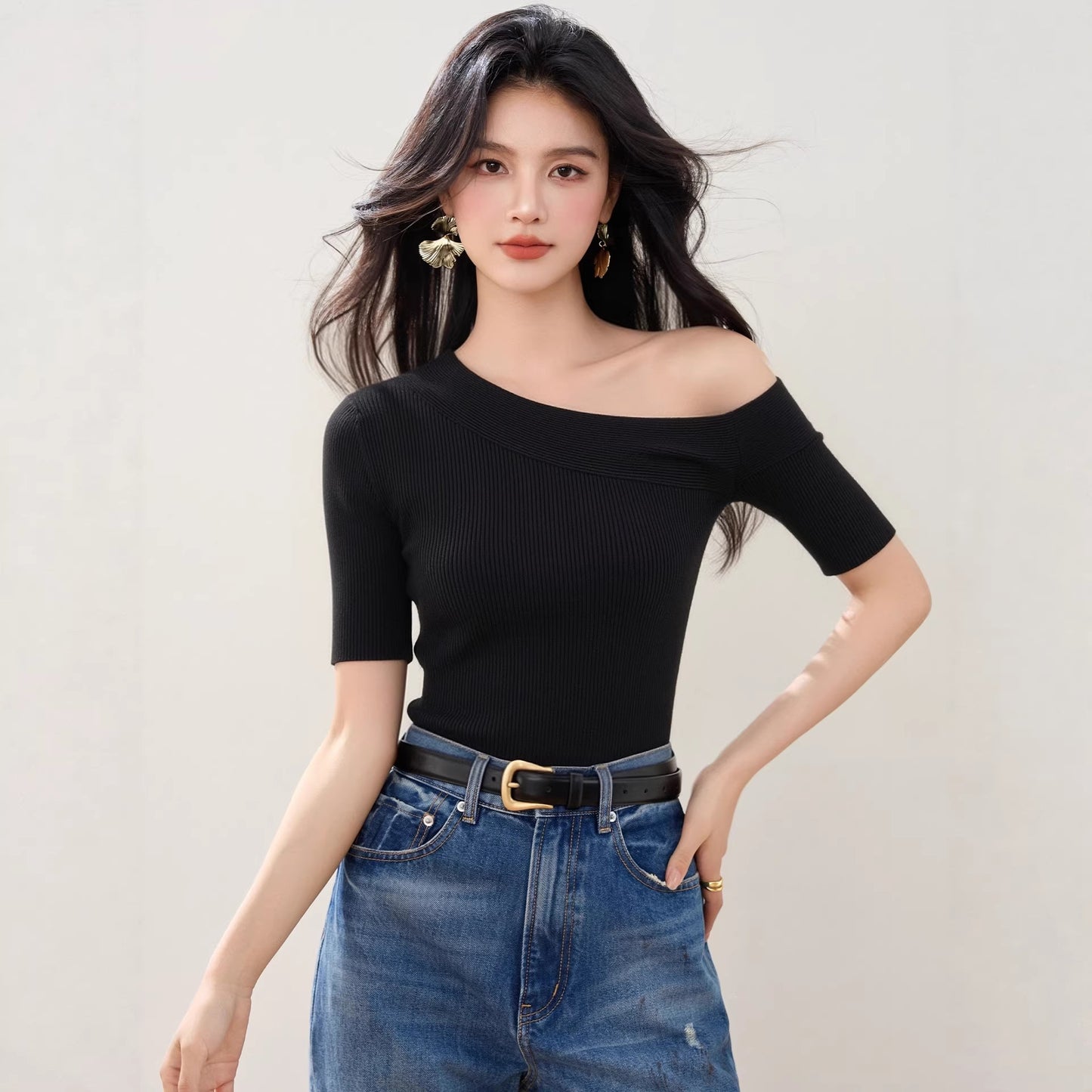 Off-Shoulder Waist Cinched Mid Sleeve T-Shirt - Summer High-End Top