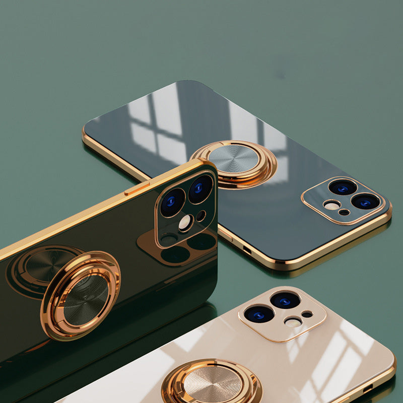 Luxury Plating Ring Holder Case for iPhone 14 13 12 - Magnetic Car Mount Kickstand Soft Silicone Cover