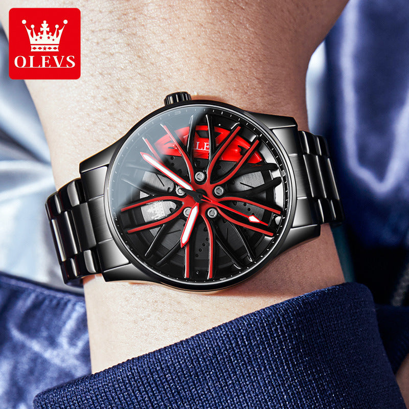 Creative 3D Rotating Wheel Hub Men's Watch - Luxury Stainless Steel Sports Watch