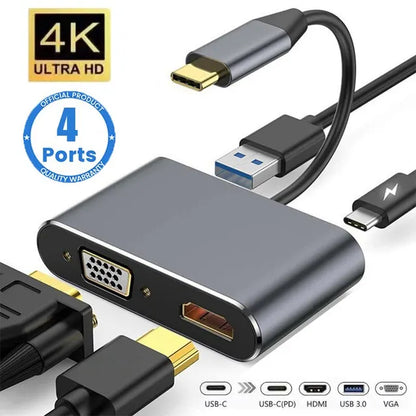 4-in-1 USB C Hub - Type-C Adapter with 4K HDMI, VGA, USB 3.0 & PD Fast Charge for MacBook and Laptops