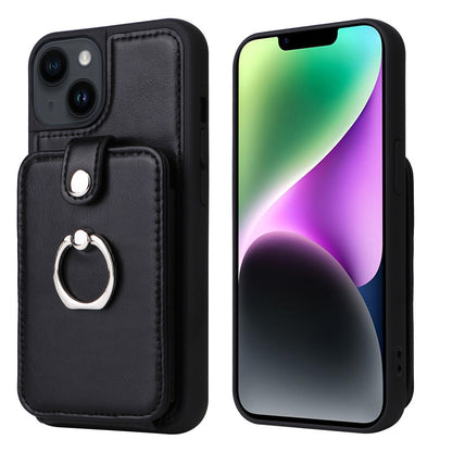 Multi Card Slot Leather Wallet Case with Metal Ring Stand - Shockproof Back Cover for iPhone