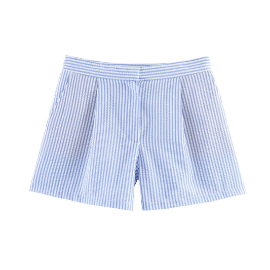 Chic Blue and White Vertical Striped High-Waisted Shorts