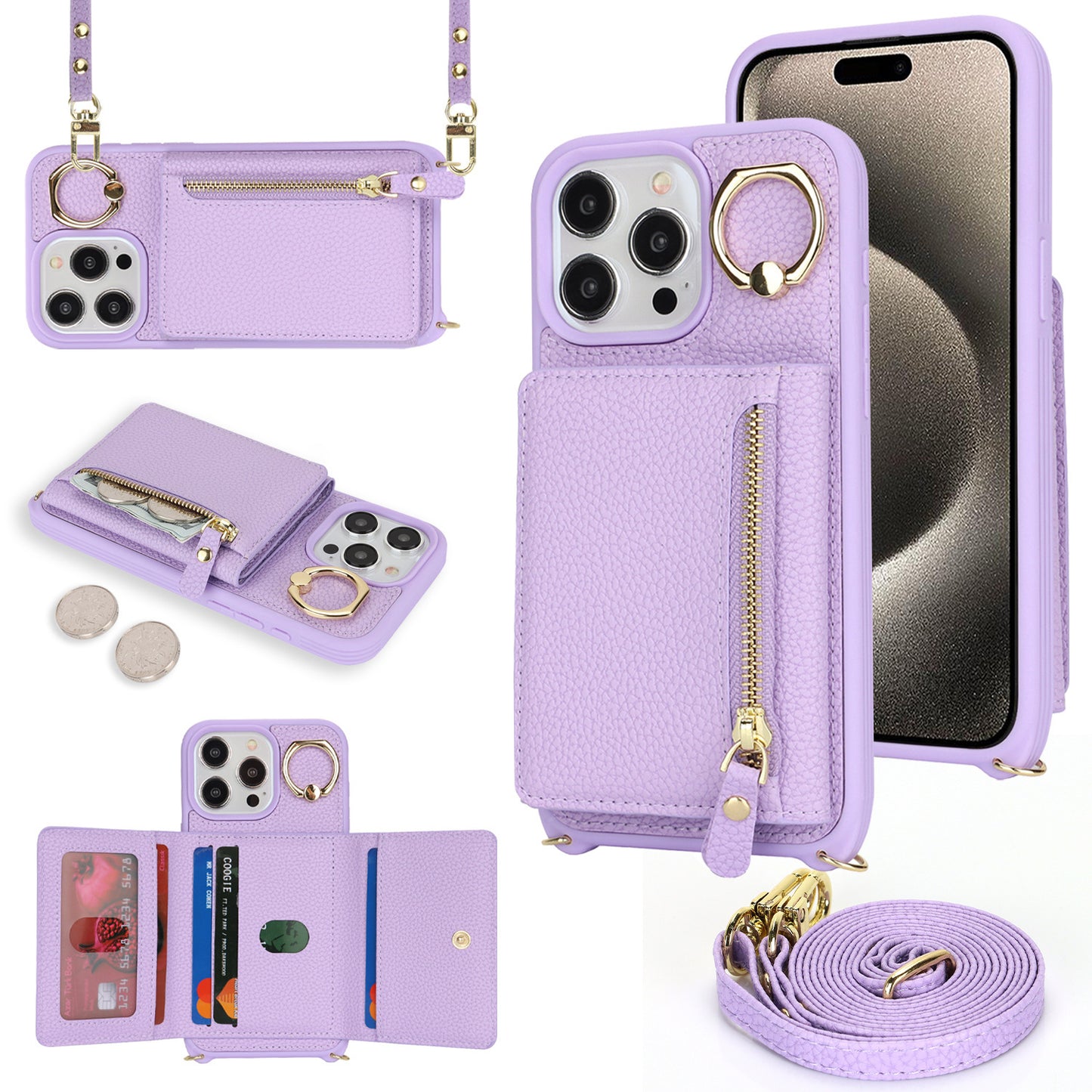 Multifunctional Zipper Coin Purse Phone Case - Crossbody Wallet Case with Card Slots for iPhone