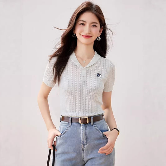 Elegant Flip Collar Cable Knit Blouse - Slim Fit Casual Top for Women