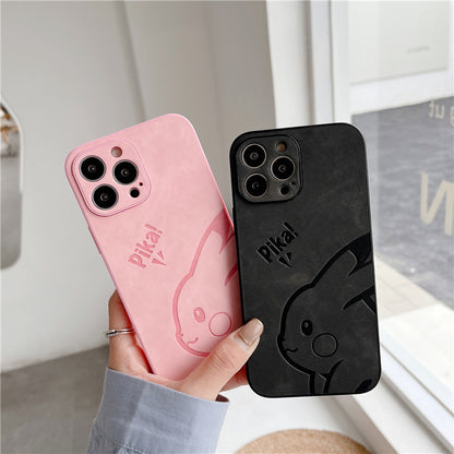 Cute Pikachu Embossed Leather Phone Case for iPhone 16 15 14 13 12 Pro Max - Soft Matte Cover