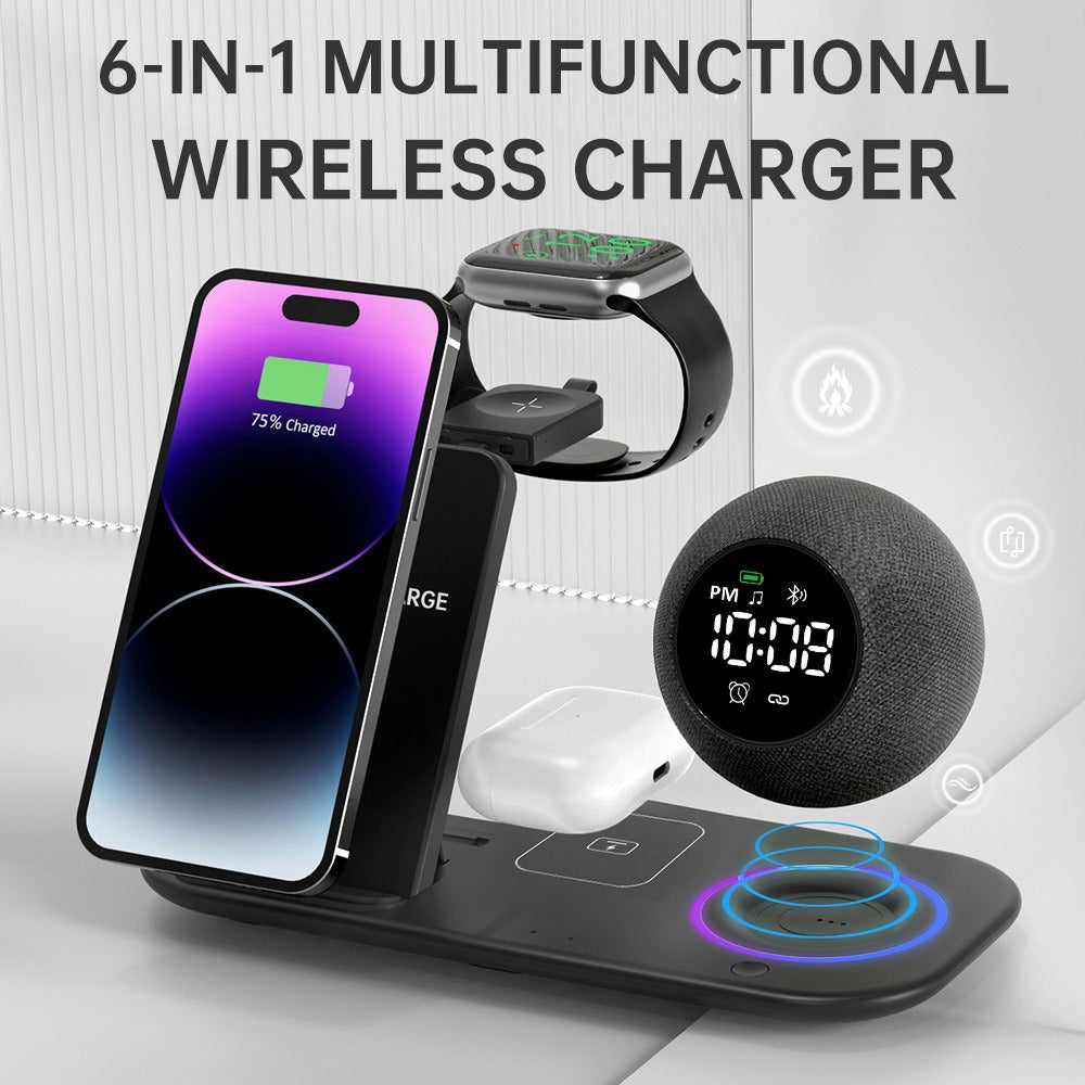6-in-1 Wireless Charging Desk Station - Bluetooth Speaker, Digital Alarm Clock & Multi-Device Fast Charger