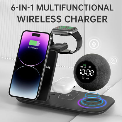 6-in-1 Wireless Charging Desk Station - Bluetooth Speaker, Digital Alarm Clock & Multi-Device Fast Charger