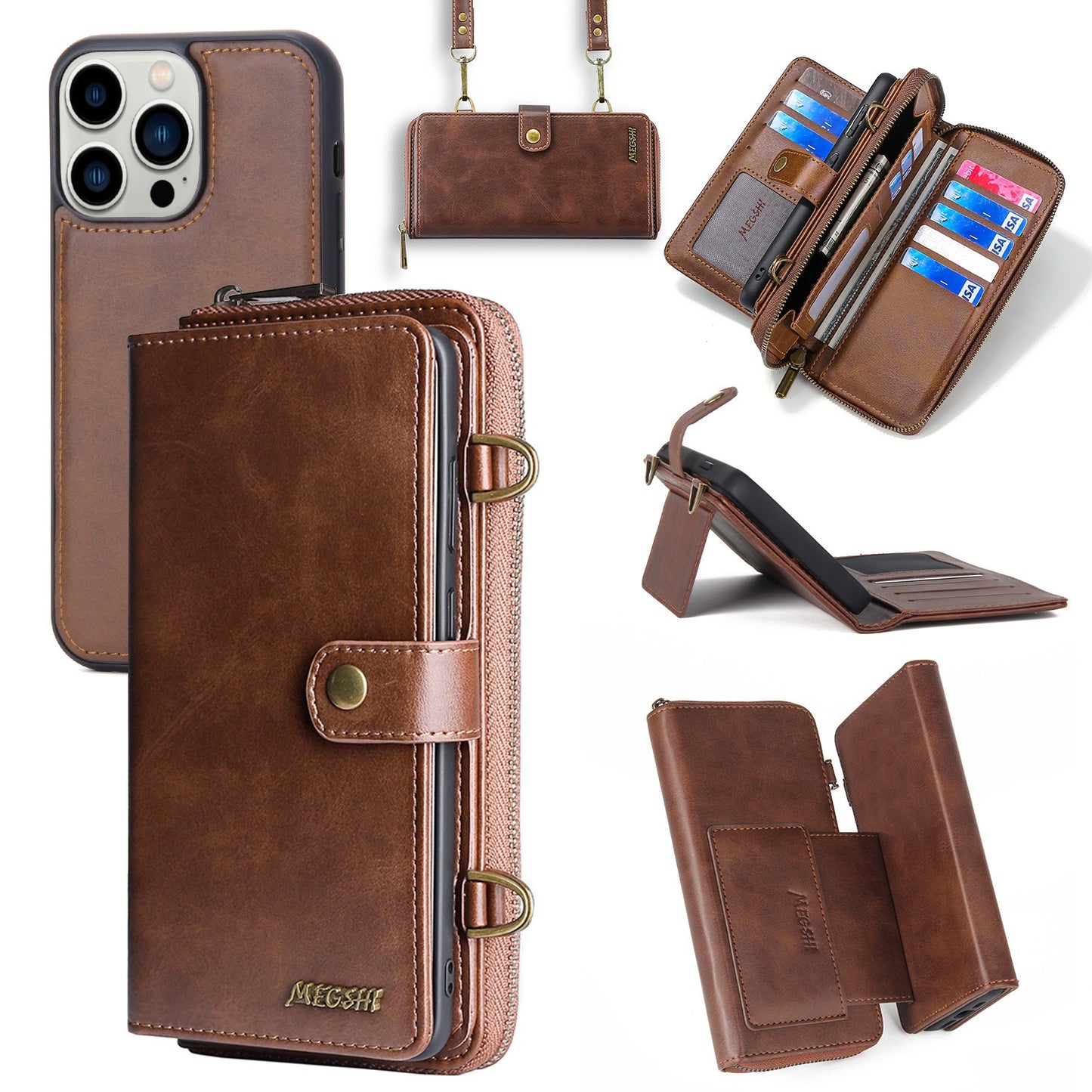 Multi-Function Crossbody Zipper Wallet Case for iPhone 15 Pro Max - Magnetic Detachable Leather Cover with Strap