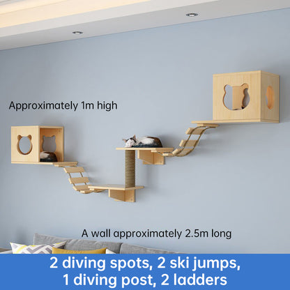 Wall Mounted Cat Climbing Shelf Set - Wooden Cat Condo, Bridges, Platforms & Scratching Post