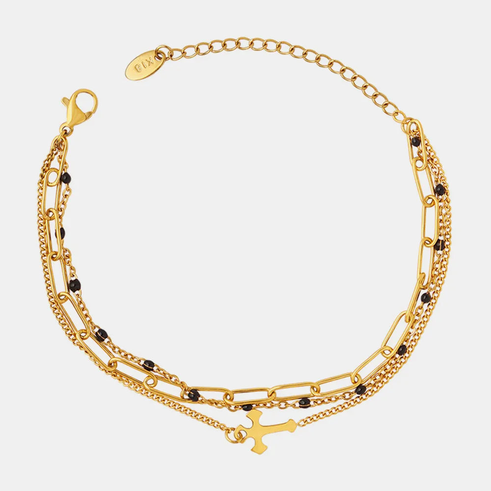 Minimalist Titanium Steel Three-Layered Chain and Bead Bracelet for Women.