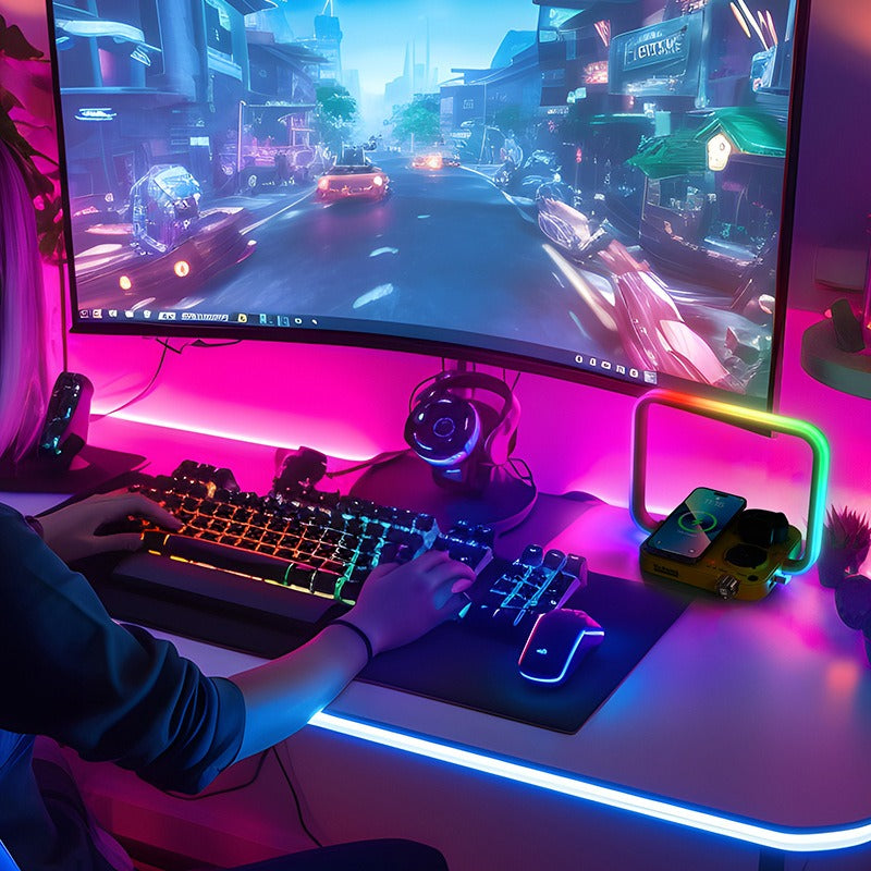 3-in-1 RGB Atmosphere Light Wireless Charging Station for Phone, AirPods & Watch - Modern LED Desk Lamp Dock