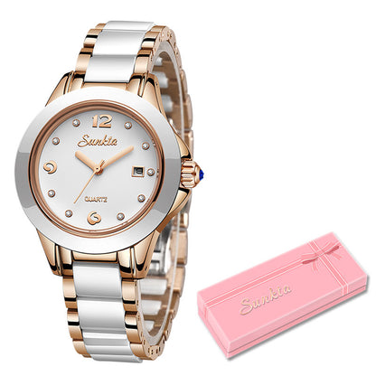 Sunkta Elegant Ladies Fashion Wristwatch with Ceramic Stainless Steel Band