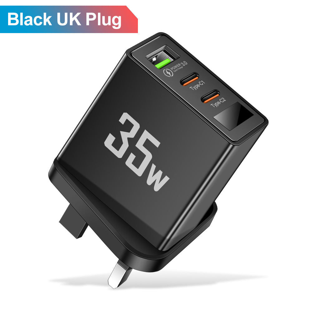35W 3-Port Fast Wall Charger - 1 USB & 2 Type-C Intelligent Digital Display Power Adapter
