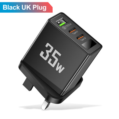 35W 3-Port Fast Wall Charger - 1 USB & 2 Type-C Intelligent Digital Display Power Adapter