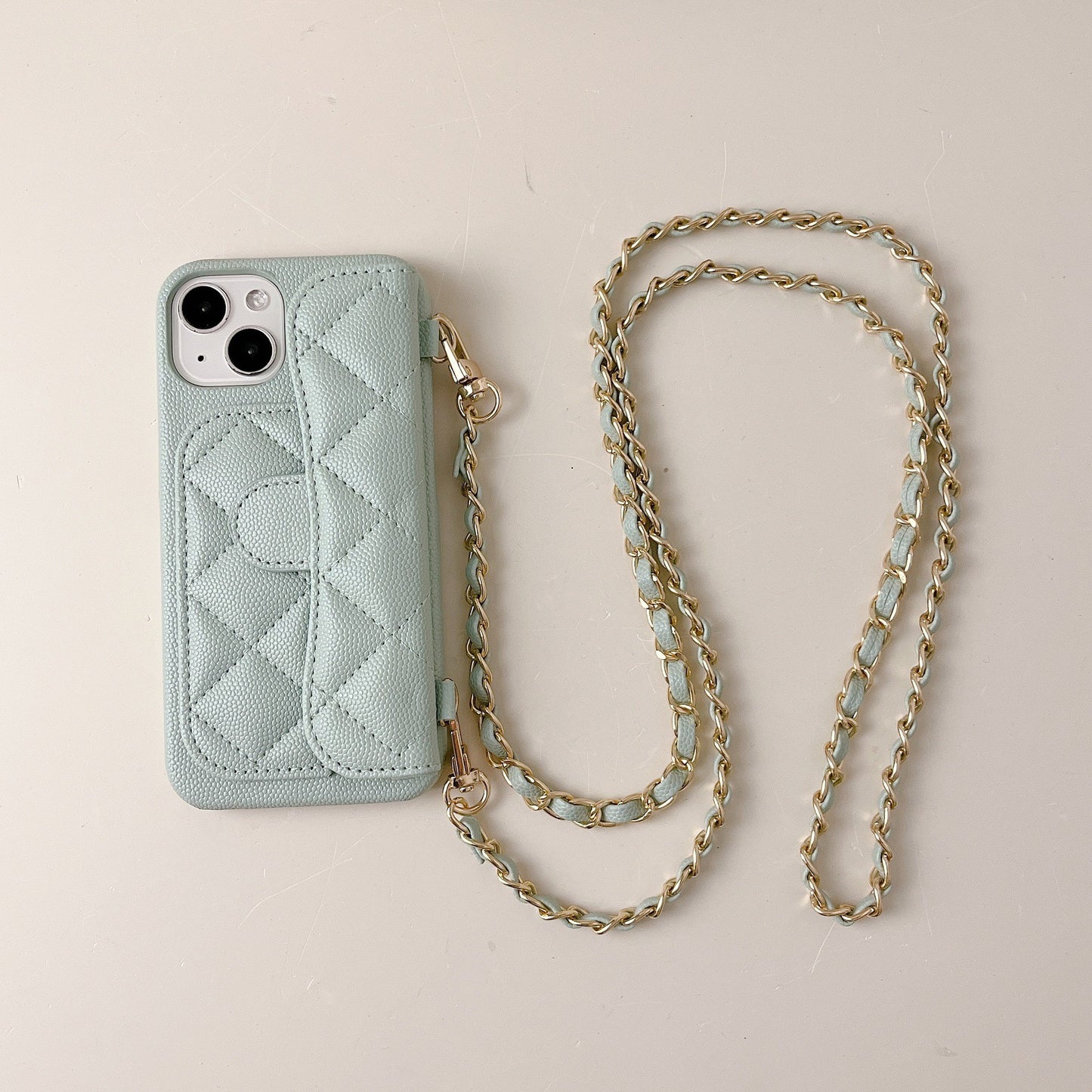 Luxury Quilted Leather Wallet Phone Case with Crossbody Chain & Card Holder for iPhone 16 15 14 13 Pro Max