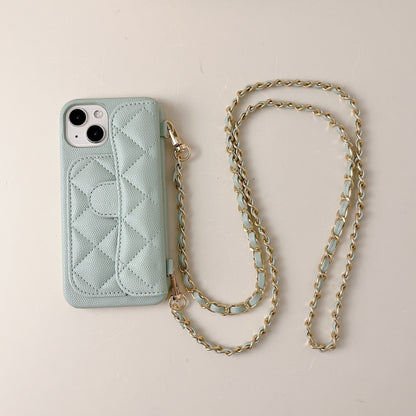 Luxury Quilted Leather Wallet Phone Case with Crossbody Chain & Card Holder for iPhone 16 15 14 13 Pro Max