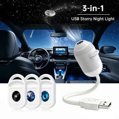 24-in-1 USB Galaxy & Starry Night Light Projector - Flexible LED Ambient Light for Car & Bedroom