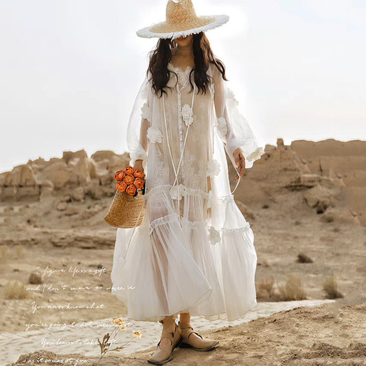 Luxury 3D Floral Patchwork White Cardigan Dress - Elegant Lace-Up Mesh Maxi Skirt for Women