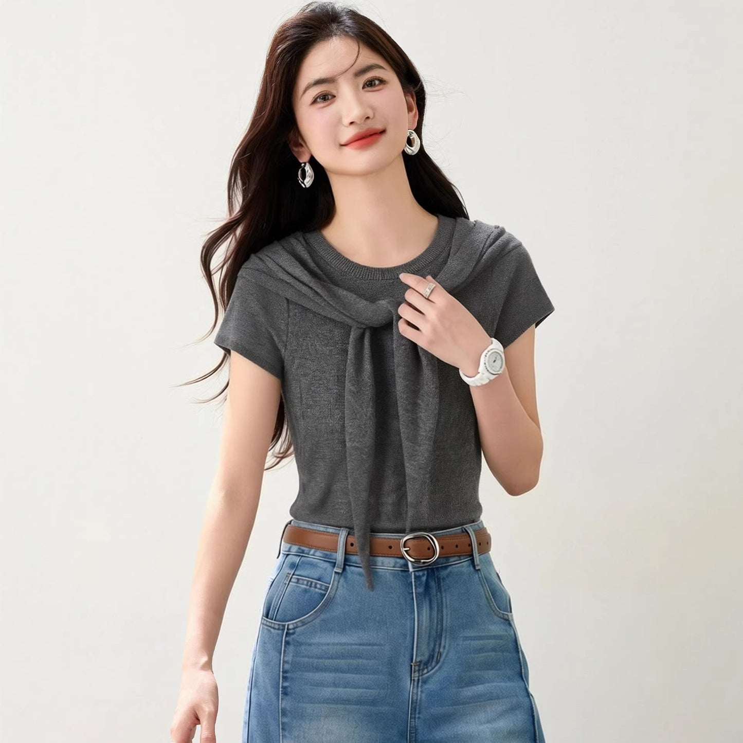 Women's Chic Two-Piece T-Shirt with Shoulder Wrap - Elegant Summer Knit Top