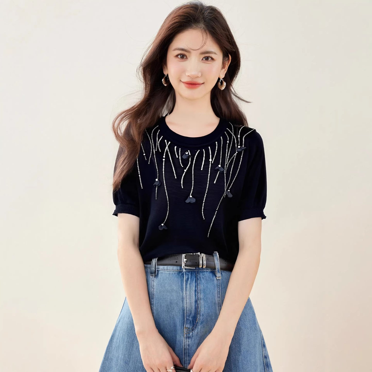 Chic Embellished Sequin Beaded Knit Top - Round Neck Office Casual Style